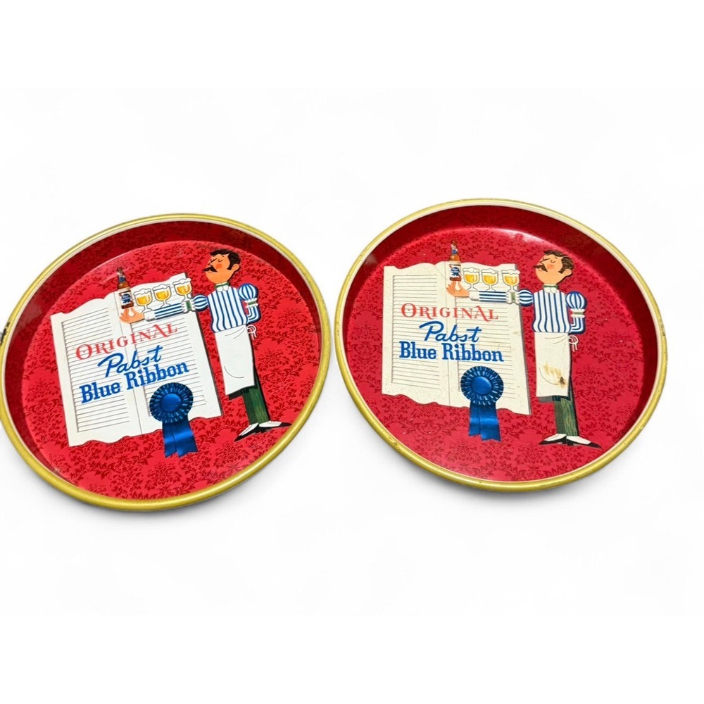 Vintage Pabst Blue Ribbon PBR Beer Serving Trays Lot of 2 Metal Advertising